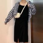 Plaid Long Sleeve Blouse / Tie-side Sleeveless Dress
