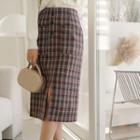 Slit-front Checked Midi Tweed Skirt
