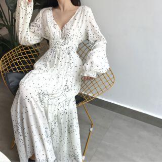 Long-sleeve Dotted A-line Midi Dress As Shown In Figure - One Size