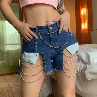 Chain Strap Distressed Denim Hot Pants