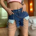 Chain Strap Distressed Denim Hot Pants