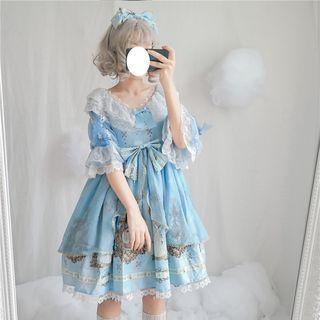 Elbow-sleeve A-line Printed Dress / Hair Piece / Set