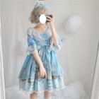Elbow-sleeve A-line Printed Dress / Hair Piece / Set