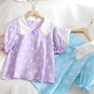 Short-sleeve Floral Print Plaid Shirt