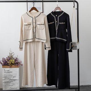 Set: Contrast Trim Knit Cardigan + Wide-leg Pants