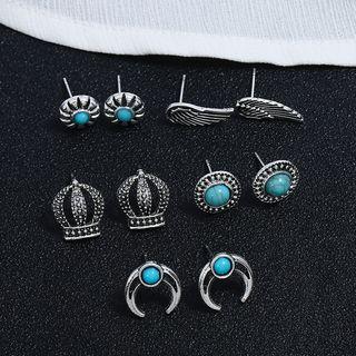 Set: Retro Alloy Earring (various Designs) Set - Silver & Aqua Blue - One Size