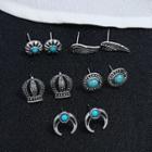 Set: Retro Alloy Earring (various Designs) Set - Silver & Aqua Blue - One Size