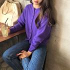 Long-sleeve Plain Knit Cardigan Purple - One Size