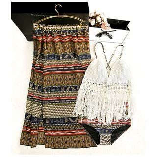 Set: Patterned Bikini + Midi Skirt + Cover-up