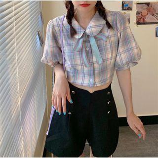 Puff-sleeve Plaid Blouse / High-waist Shorts