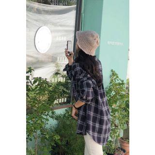 Loose-fit Plaid Shirt Navy Blue - One Size