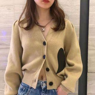 V-neck Heart Applique Cropped Cardigan