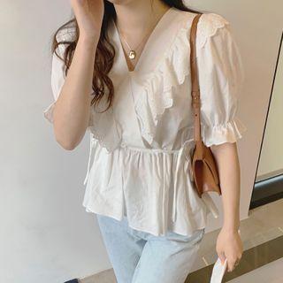 Short-sleeve V-neck Ruffle Trim Plain Blouse