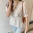 Short-sleeve V-neck Ruffle Trim Plain Blouse
