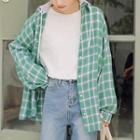 Hooded Plaid Shirt Jacket Green - One Size
