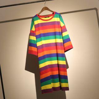 Long-sleeve Striped Midi T-shirt Dress As Shown In Figure - One Size