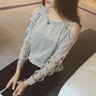 Lattice-sleeve Sweater Red - One Size