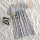 Short-sleeve Color Block Ruffle Trim Plaid Dress Blue - One Size