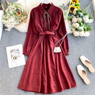Tie-neck Belted A-line Midi Shirtdress