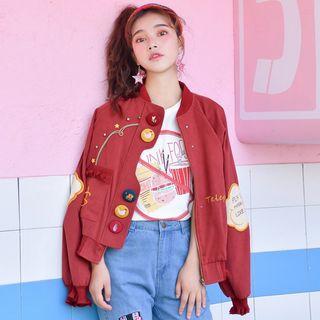 Animal Embroidered Lettering Zip Jacket