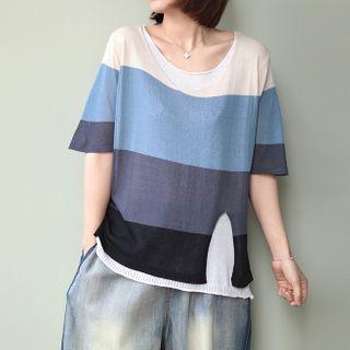 Striped Elbow-sleeve Linen T-shirt