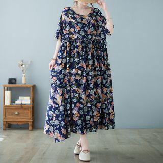 Short-sleeve Floral Maxi A-line Dress Floral - Navy Blue - One Size