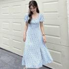 Puff-sleeve Square Neck Floral Slit-hem A-line Midi Dress