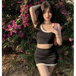 Sleeveless Two-tone Cropped Knit Tank Top / Mini Skirt