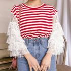 Lace Panel 3/4-sleeve Striped T-shirt