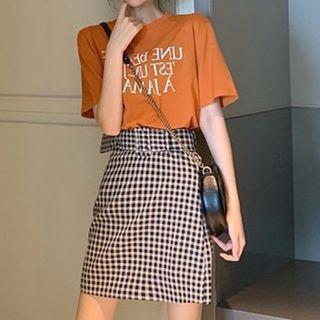 Set: Lettering T-shirt + Gingham Mini A-line Skirt