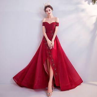 Off-shoulder Rhinestone Floral Slit A-line Evening Gown