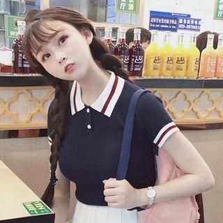 Short-sleeve Knit Polo Shirt Dark Blue - One Size
