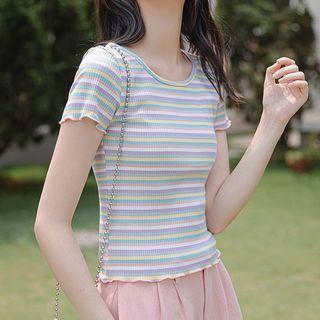 Short-sleeve Striped Lettuce Edge Knit Crop Top