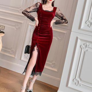 Long-sleeve Lace Panel Velvet Slit Midi Sheath Dress