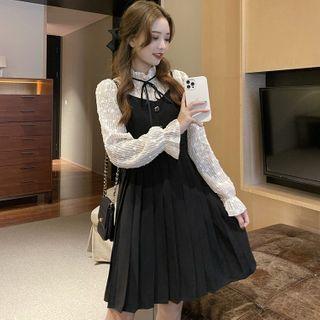 Long-sleeve Chiffon Blouse / Spaghetti Strap Mini A-line Dress