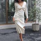 V-neck Cutout Knit Midi Bodycon Dress