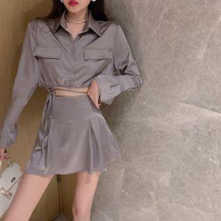 Long-sleeve Crop Shirt / High-waist Mini Skirt With Tie