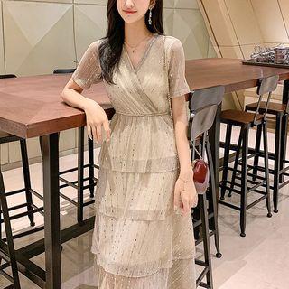 Sequined Short-sleeve Midi Tiered Dress