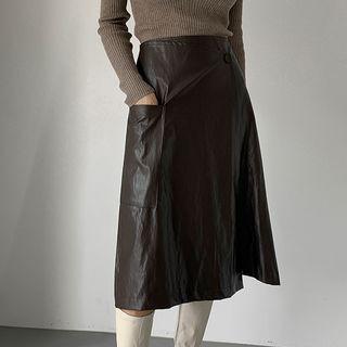 Patch-pocket Faux-leather Midi Wrap Skirt