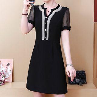 Short-sleeve Mesh Paneled Buttoned A-line Mini Dress