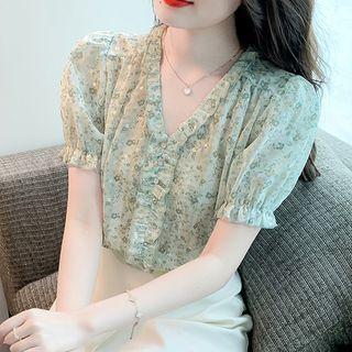 Elbow-sleeve Tie Neck Floral Blouse