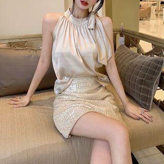 Sleeveless Bow-accent Blouse / Sequined Skirt