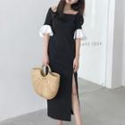 Short-sleeve Slit Midi A-line Dress