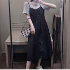 Mock Two-piece Short-sleeve Midi A-line Dress Black & Gray - One Size