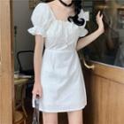 Puff-sleeve Shirred A-line Dress White - One Size