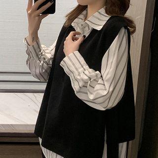 Set: Long-sleeve Striped Shirt + Irregular Knit Vest