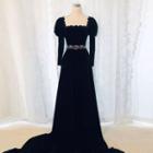 Square-neck Long-sleeve A-line Evening Gown
