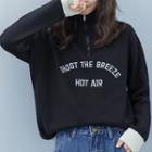 Stand Collar Lettering Embroidered Half-zip Sweater