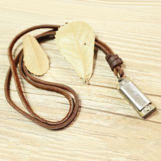 Harmonica Alloy Pendant Genuine Leather Necklace Brown - One Size