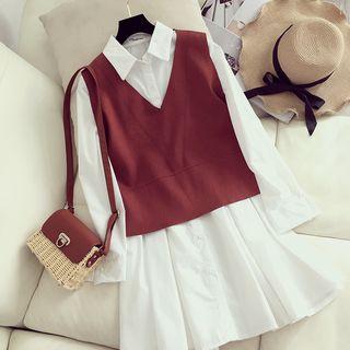 Set: Plain Shirt Dress + V-neck Knit Vest